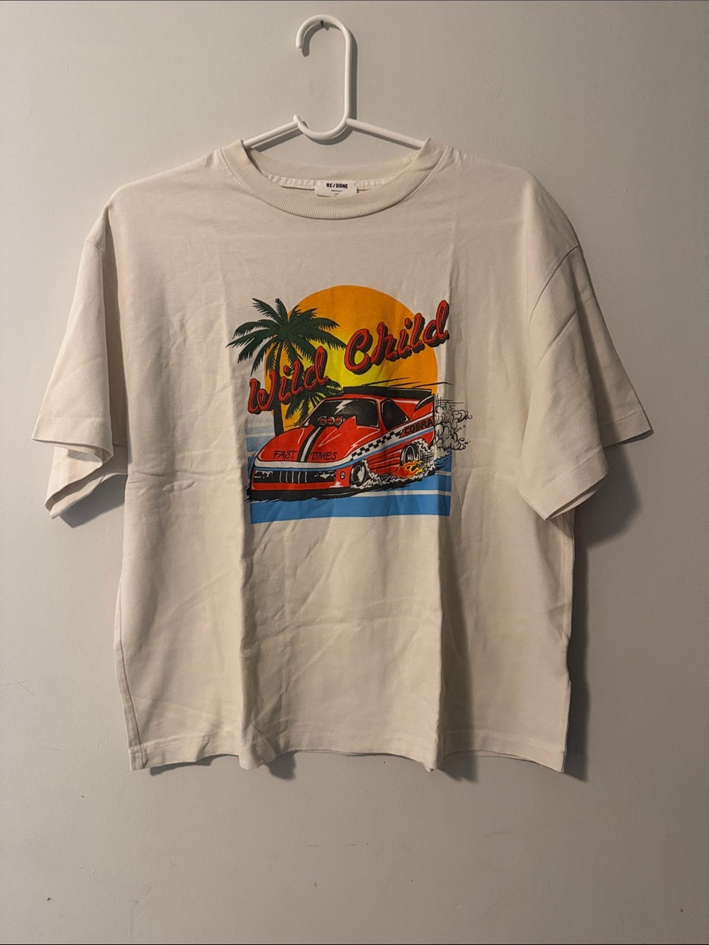 Re/Done Cream Short Sleeve Tee with Red Car Graphic